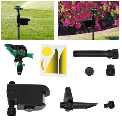 Garden Solar Scarecrow with motion-activated water sprinkler for humane animal deterrence and pest control