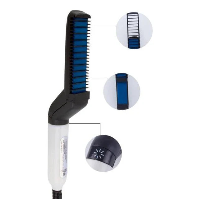 Versatile Hair Styler Brush with heating function, illuminated power indicator, and ergonomic handle for easy styling and beard grooming