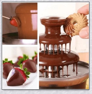 A 3-tier chocolate fondue fountain creating a mesmerizing chocolate waterfall, perfect for dipping a variety of sweet treats.