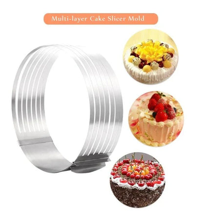 An adjustable stainless steel cake slicer with a ring that can be expanded or shrunk to fit cakes of different sizes, up to 12 inches in diameter.