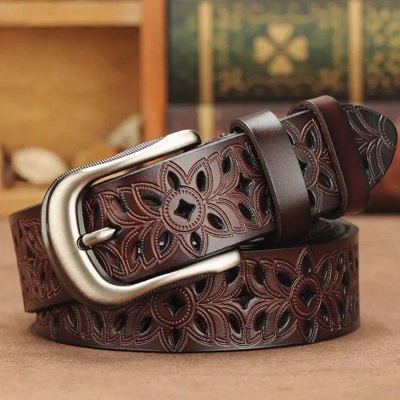 Stylish carved genuine leather belt in brown, black, red, and white colors with adjustable lengths