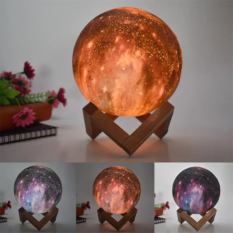 A 3D printed moon lamp with 16 colour options and a remote control, creating a stunning celestial ambiance in a living room.