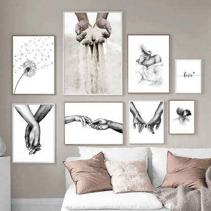 A black and white canvas painting depicting a couple holding hands, perfect for adding a romantic touch to your New Zealand home