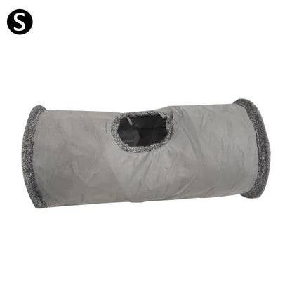 A collapsible cat tunnel toy made of polyester and velvet, providing a cozy hideaway for your curious feline friend.