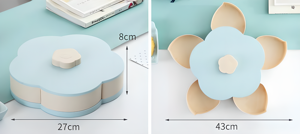 Flower-shaped expandable snack box with multiple compartments for serving a variety of treats and snacks