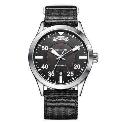 A sleek, waterproof automatic mechanical watch with a nylon strap, luminous hands, and a calendar display, perfect for Kiwi adventurers.