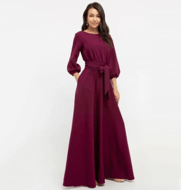 Elegant A-Line long dress with lantern sleeves, featuring a unique collage and splicing design in a timeless pure colour