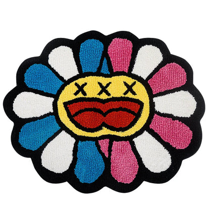 Cheerful smiley face tufted rug with vibrant pink and blue colors, providing a cozy and comfortable floor covering for any room in a Kiwi home.