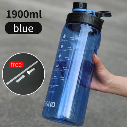 2 liter water bottle with straw, durable Tritan plastic construction, leak-proof design, time scale markings for hydration tracking