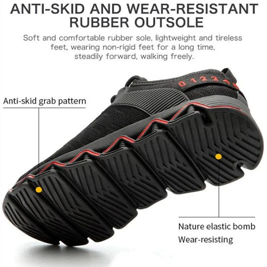 Breathable, woven safety shoes with a steel toe cap for impact protection and a cushioned sole for all-day comfort.