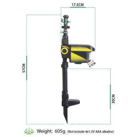 Garden Solar Scarecrow with motion-activated water sprinkler for humane animal deterrence and pest control