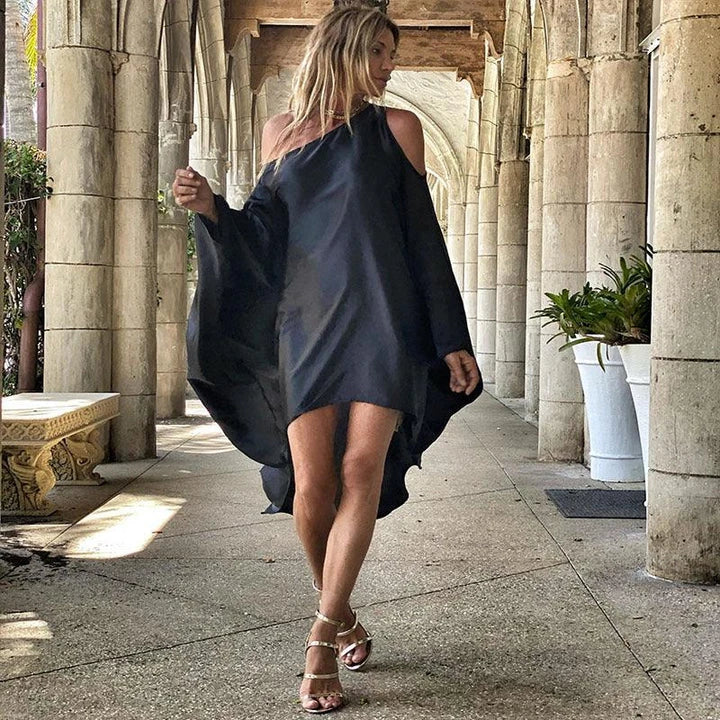 Stylish inclined shoulder printed dress set with a flowing, large swing-style skirt and vibrant patterns