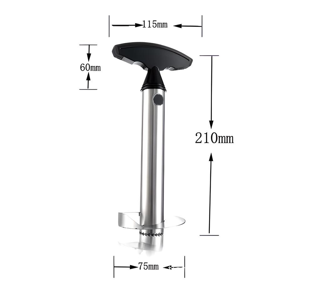 Stainless steel pineapple slicer with ergonomic handle and measurement markings for easy pineapple prep