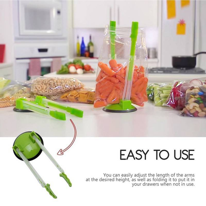 Anti-Spill Hands-Free Baggy Opener with adjustable arms and non-slip rubber base, perfect for Kiwi kitchens