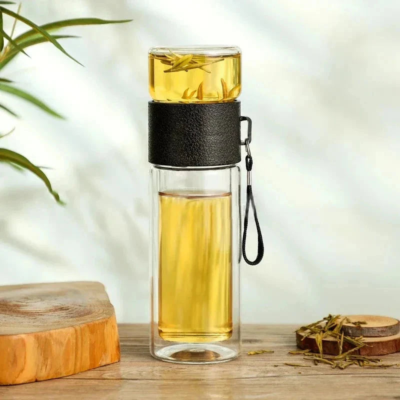 400ml Double Layer Glass Tea Infuser Bottle with Stainless Steel Infuser and Wooden Accent