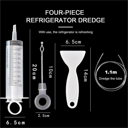 5-piece refrigerator drain hole cleaning kit with stainless steel brush, suction hose, and plastic scraper for thorough appliance maintenance