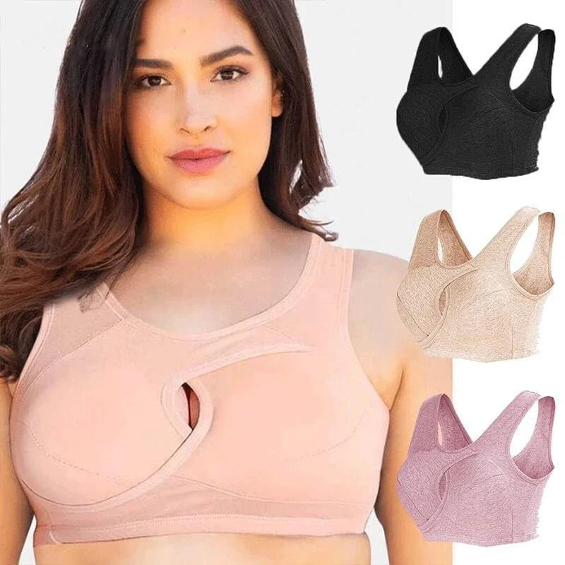 Anti-Sagging Wirefree Bra with criss-cross design, wide elastic straps, and inner comfort band for superior bust support and comfort