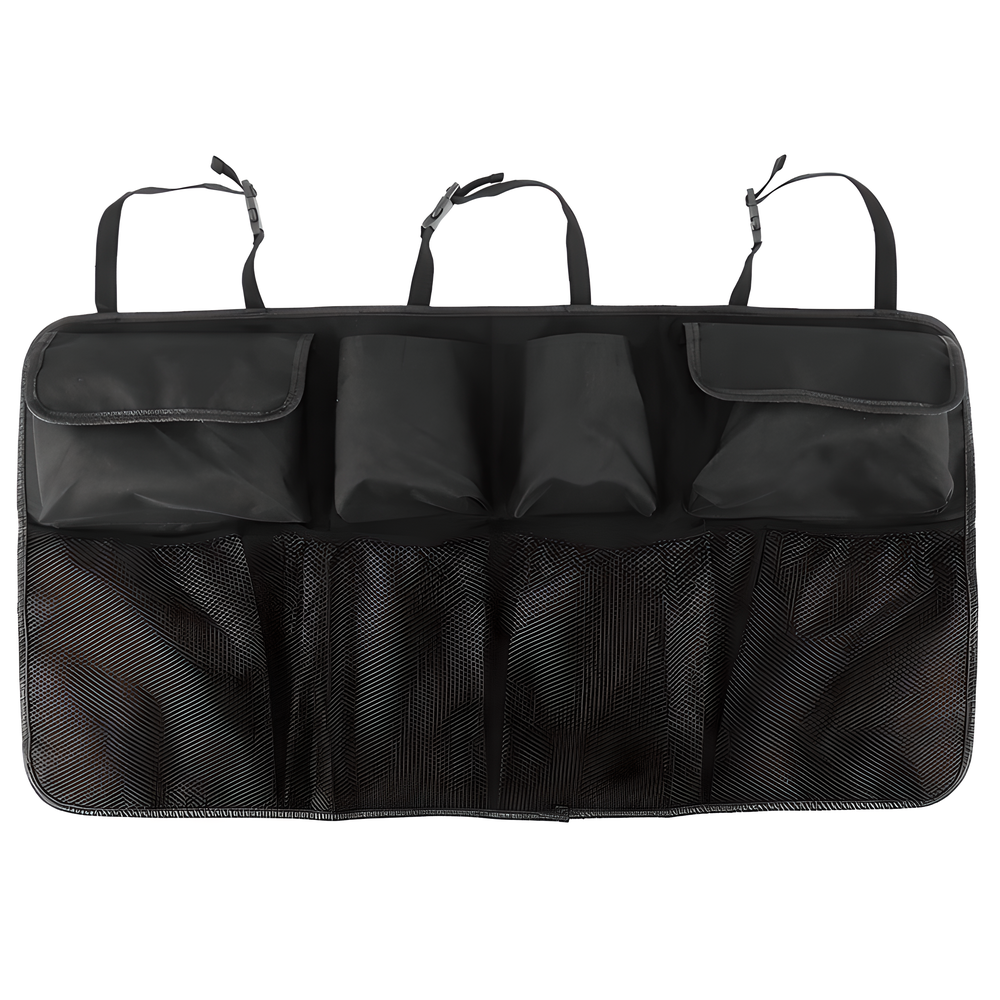 Universal car boot organiser made of durable Oxford cloth with adjustable Velcro straps to fit any vehicle