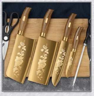 Titangold Designer Titanium Kitchen Knife Set with premium stainless steel blades and innovative titanium coating for enhanced corrosion resistance and durability.