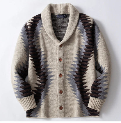 Warm, cozy knitted sweater in classic khaki hue with jacquard pattern, perfect for Kiwi men