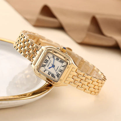 Elegant square women's watch with stainless steel case and bracelet, featuring a sleek and sophisticated design