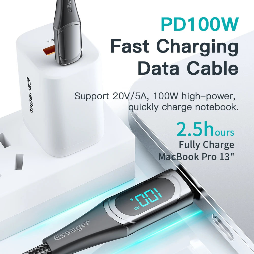 Essager Super Fast PD 100W/5A Type-C Charging Cable with Smart LED Display - Available in Black and Blue