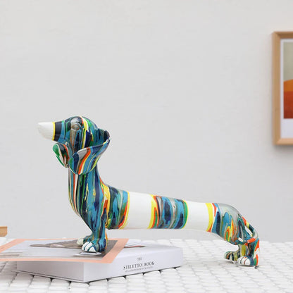 Colorful resin dachshund dog ornament with a vibrant, Kiwi-inspired design for home decor