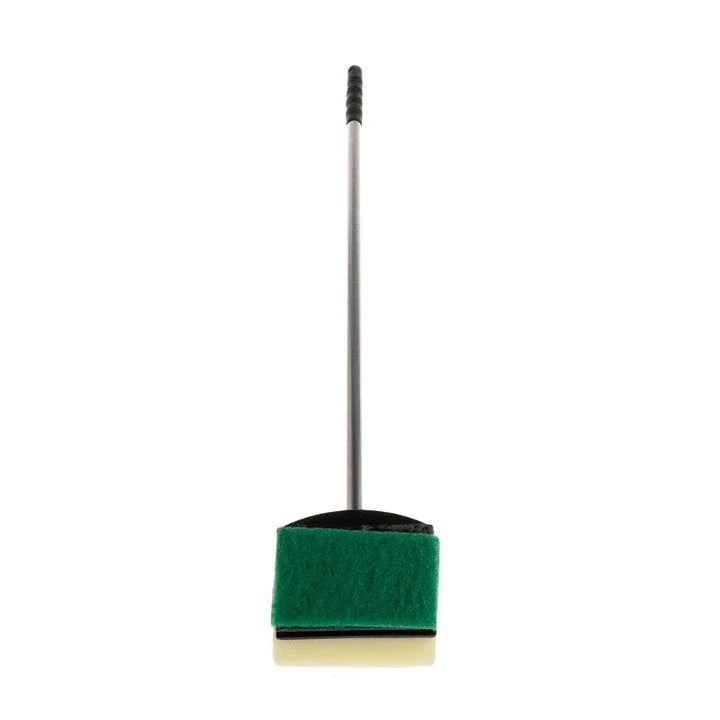 A stainless steel cleaning brush with a double-sided sponge, designed for efficient cleaning on various surfaces in the home.