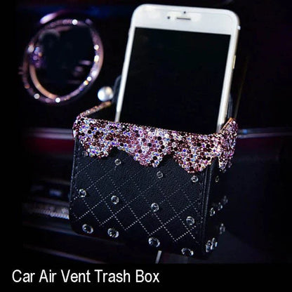 Aromatic car accessories with diamond-inspired designs, including a car pendant, gravity bracket, steering wheel cover, tissue box, storage box, and car plug.