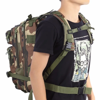 Army-inspired travel backpack with 8 camouflage patterns, featuring a spacious main compartment, adjustable straps, and breathable mesh back panel