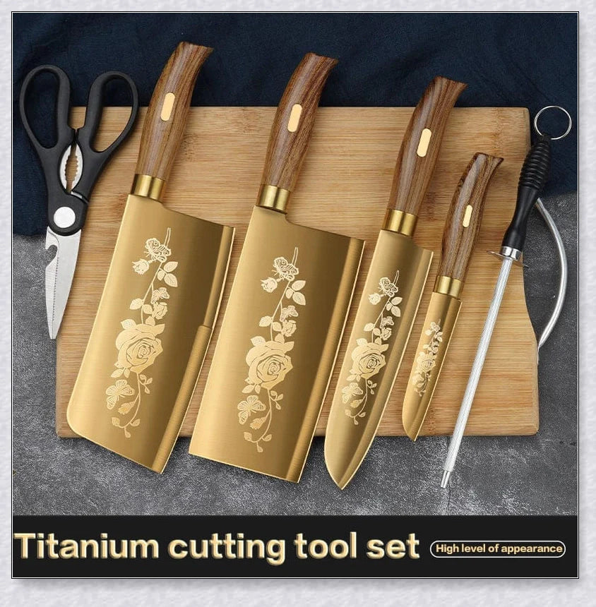 Titangold Designer Titanium Kitchen Knife Set with premium stainless steel blades and innovative titanium coating for enhanced corrosion resistance and durability.