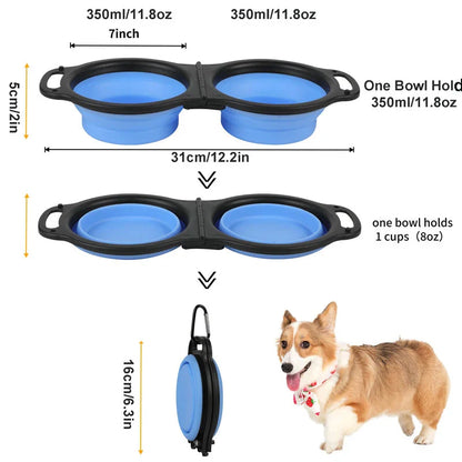 A pair of collapsible dog bowls made from premium silicone and plastic, perfect for outdoor adventures with your Kiwi pup.