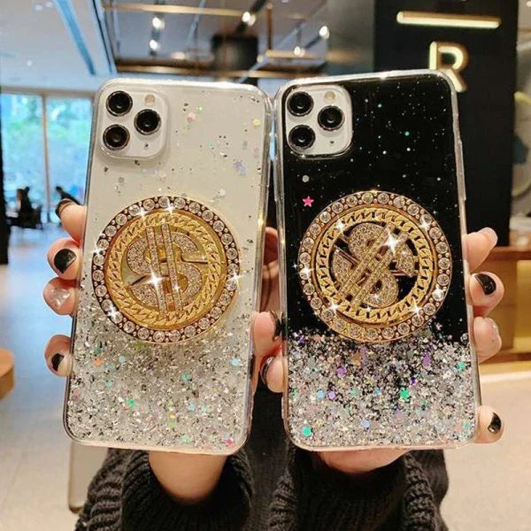 Transparent phone case with 3D diamond and dollar turnplate design