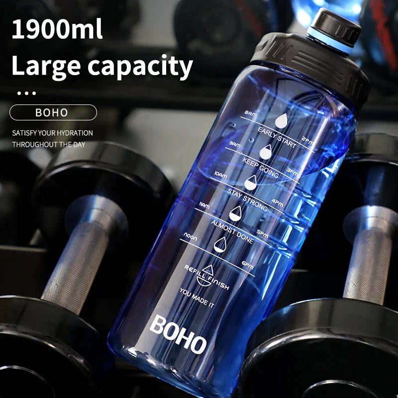 2 liter water bottle with straw, durable Tritan plastic construction, leak-proof design, time scale markings for hydration tracking