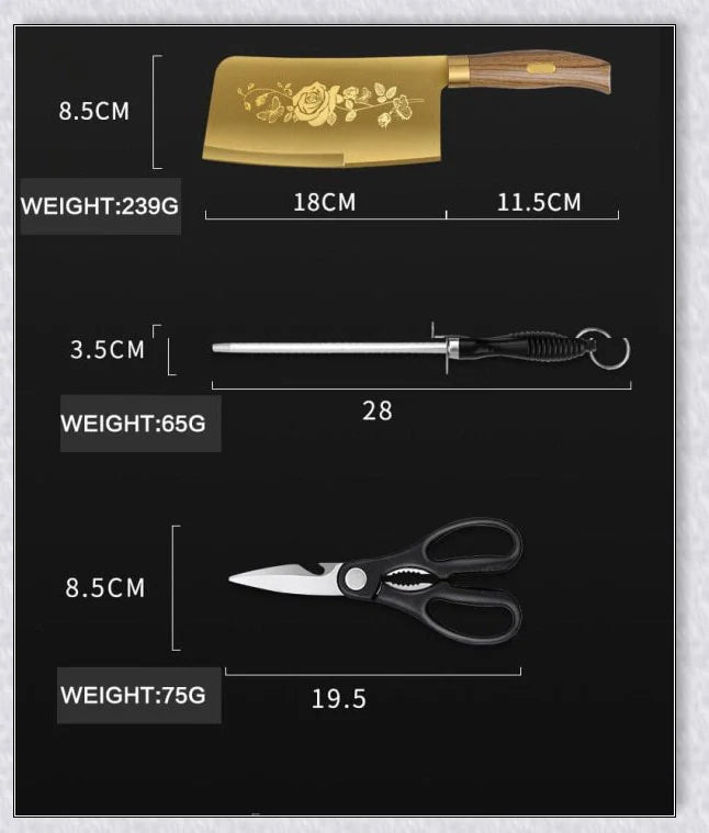 Titangold Designer Titanium Kitchen Knife Set with premium stainless steel blades and innovative titanium coating for enhanced corrosion resistance and durability.