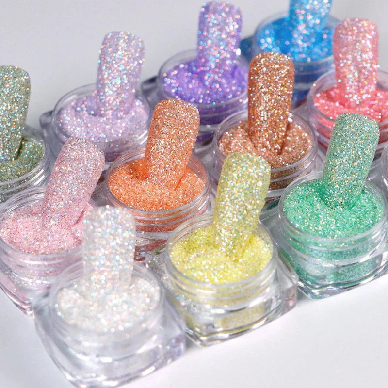 Trendha's 12-Box Iridescent Sugar Nail Glitter Powder Set featuring a collection of vibrant, candy-colored glitter powders