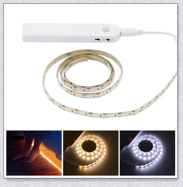 Cosy under-bed motion-activated LED light strip provides soft, guiding illumination in the dark