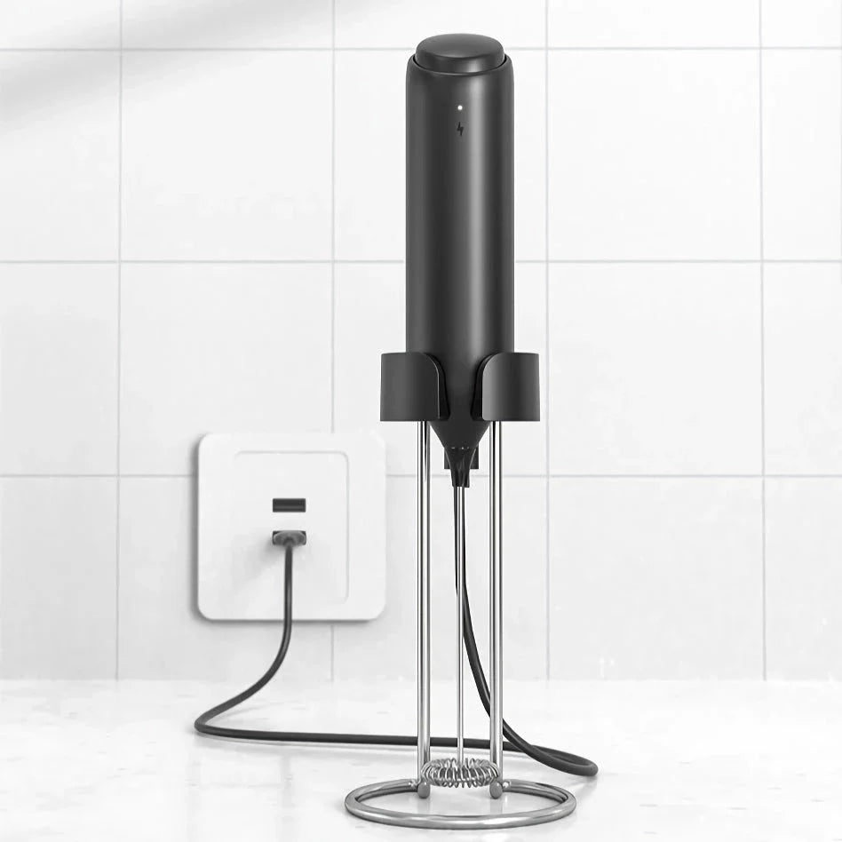 Powerful USB-rechargeable milk frother for creating barista-quality foam at home