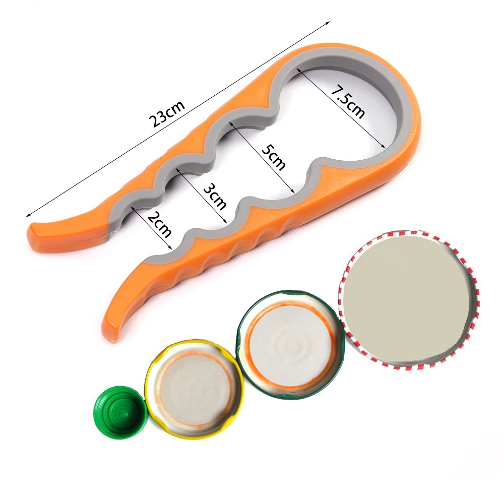 Versatile 4-in-1 Bottle and Jar Opener - a multi-purpose kitchen tool with 4 different sized openings to fit a wide range of lids and caps