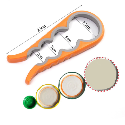 Versatile 4-in-1 Bottle and Jar Opener - a multi-purpose kitchen tool with 4 different sized openings to fit a wide range of lids and caps