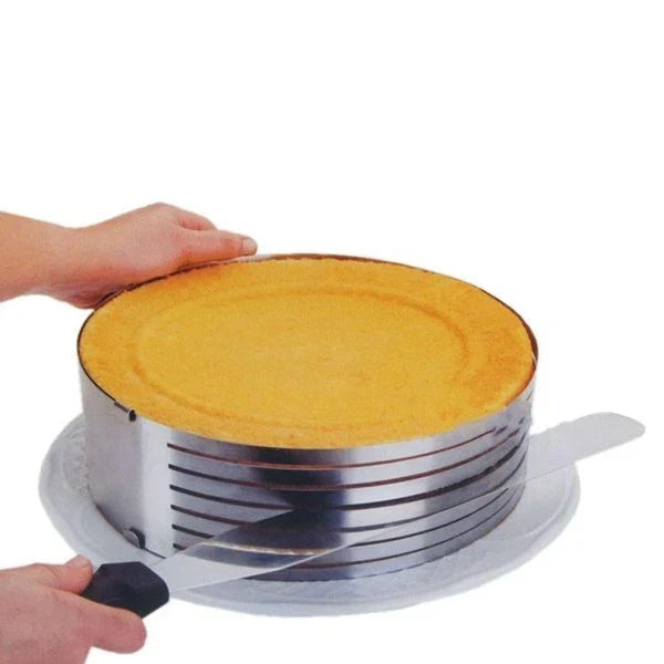 An adjustable stainless steel cake slicer with a ring that can be expanded or shrunk to fit cakes of different sizes, up to 12 inches in diameter.