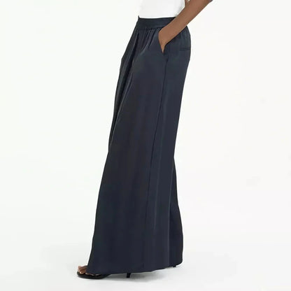 Stylish navy high-waist wide-leg pants with unique patchwork design for the fashion-forward Kiwi woman
