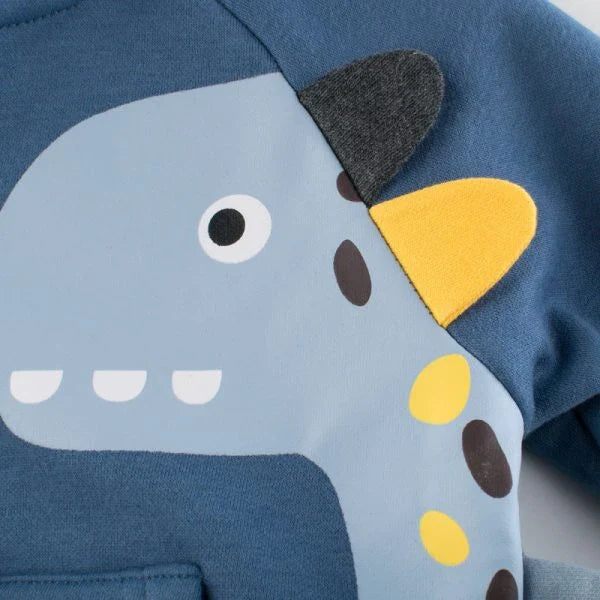 A boy's hooded jacket with a vibrant dinosaur print, designed for active New Zealand kids to stay warm and comfortable.