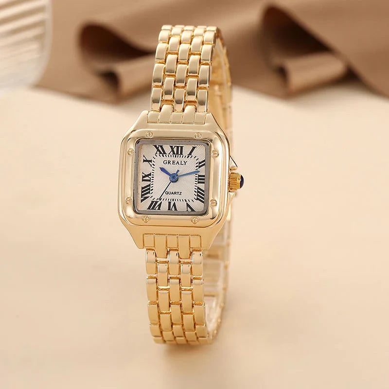 Elegant square women's watch with stainless steel case and bracelet, featuring a sleek and sophisticated design