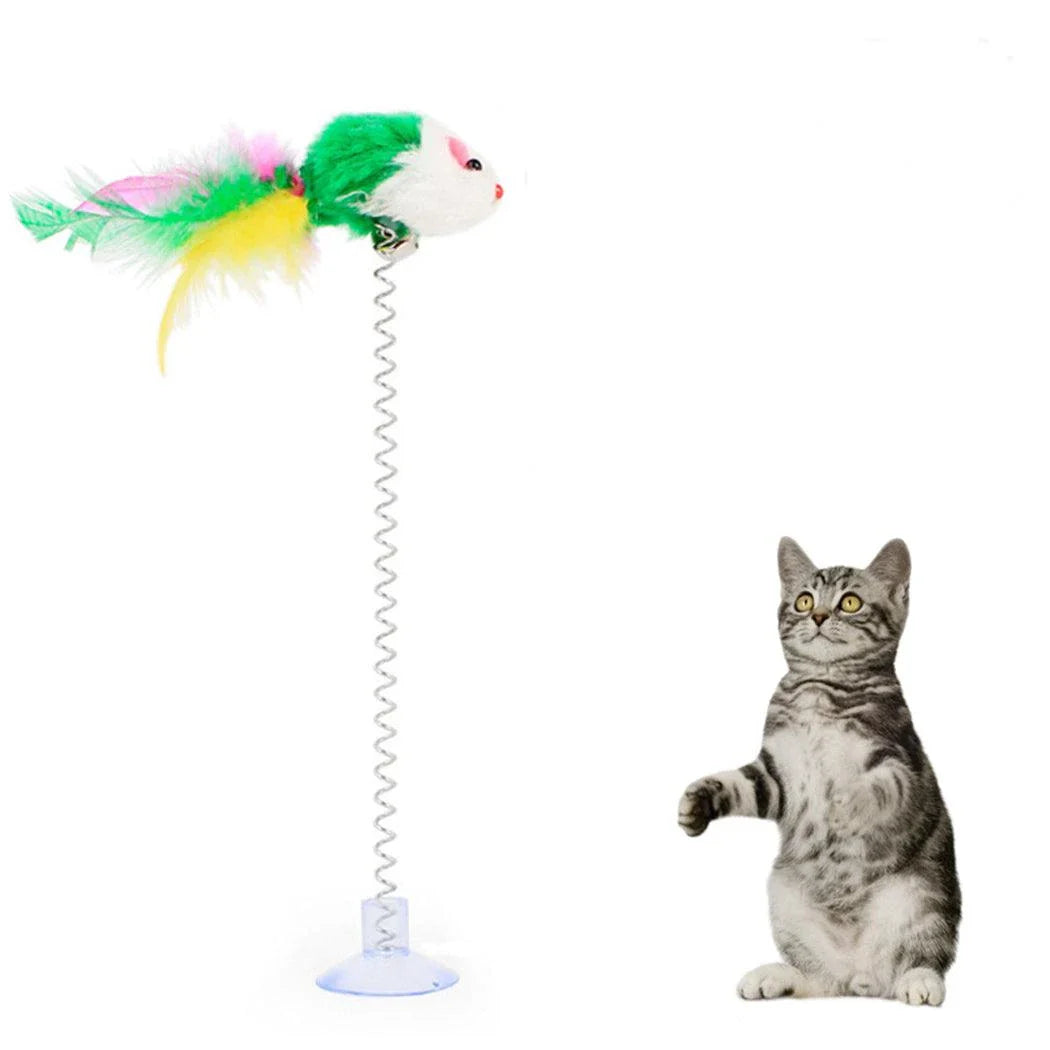 The Interactive Cat Toy Feather with a green feather and sturdy plastic ball, designed to engage cats in energetic play and satisfy their natural hunting behaviours.