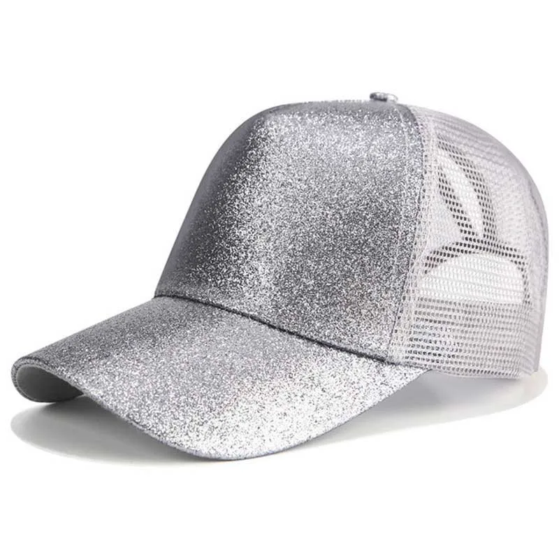 Women's mesh ponytail cap in various glitter and plain colours, featuring a sun visor and breathable design for comfort and style.