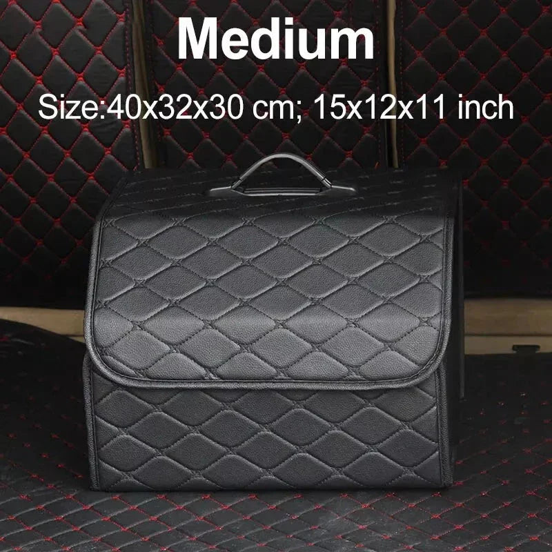 Collapsible leather car trunk organizer in black, designed to keep your vehicle tidy and organised.