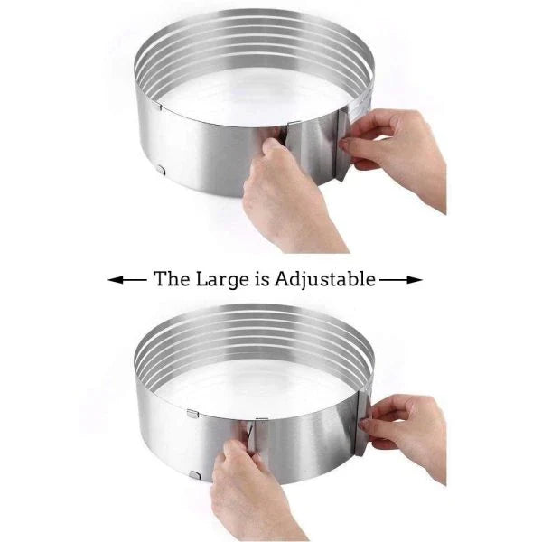 An adjustable stainless steel cake slicer with a ring that can be expanded or shrunk to fit cakes of different sizes, up to 12 inches in diameter.