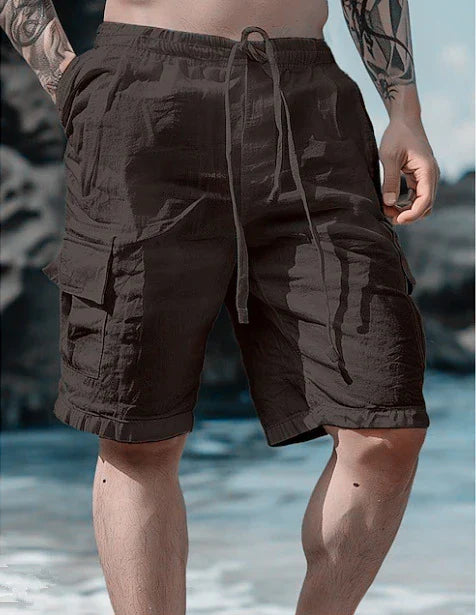 Cotton linen shorts with drawstring elastic waist and straight leg, available in various colors for casual summer style