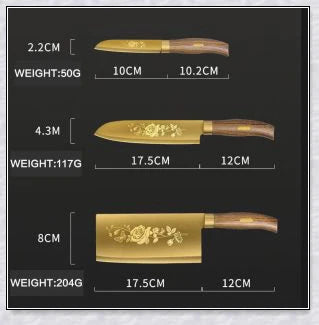 Titangold Designer Titanium Kitchen Knife Set with premium stainless steel blades and innovative titanium coating for enhanced corrosion resistance and durability.